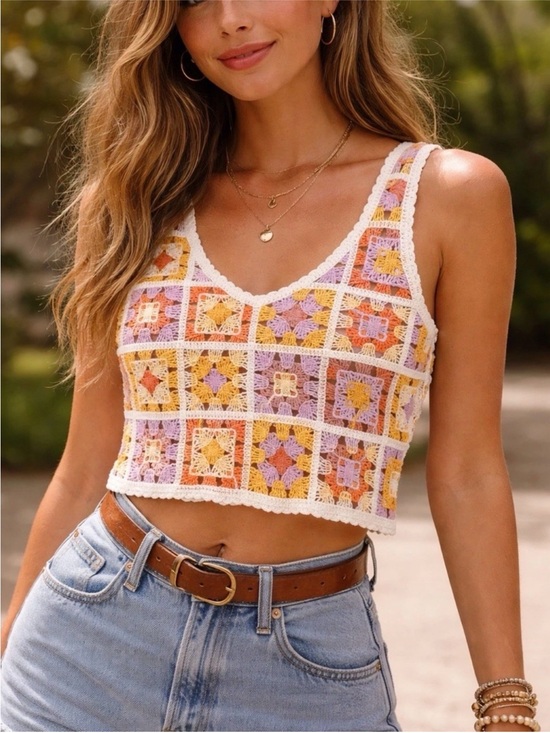 Rebellion Tops - NEW Rebellion Crochet Patchwork Boho Granny Square Crochet Tank Top Size XS